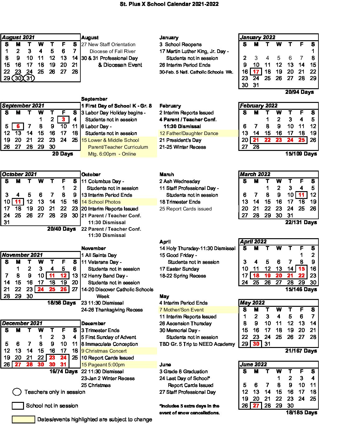 Calendar 2021-2022 - St. Pius