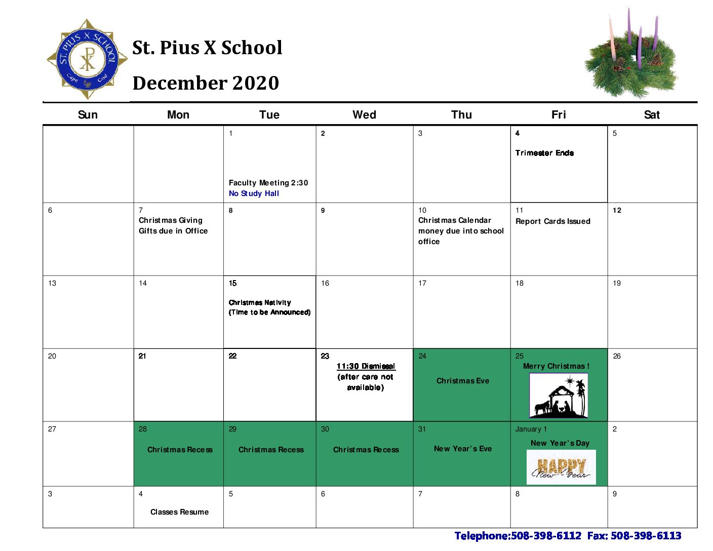 Calendar December 2020 St. Pius