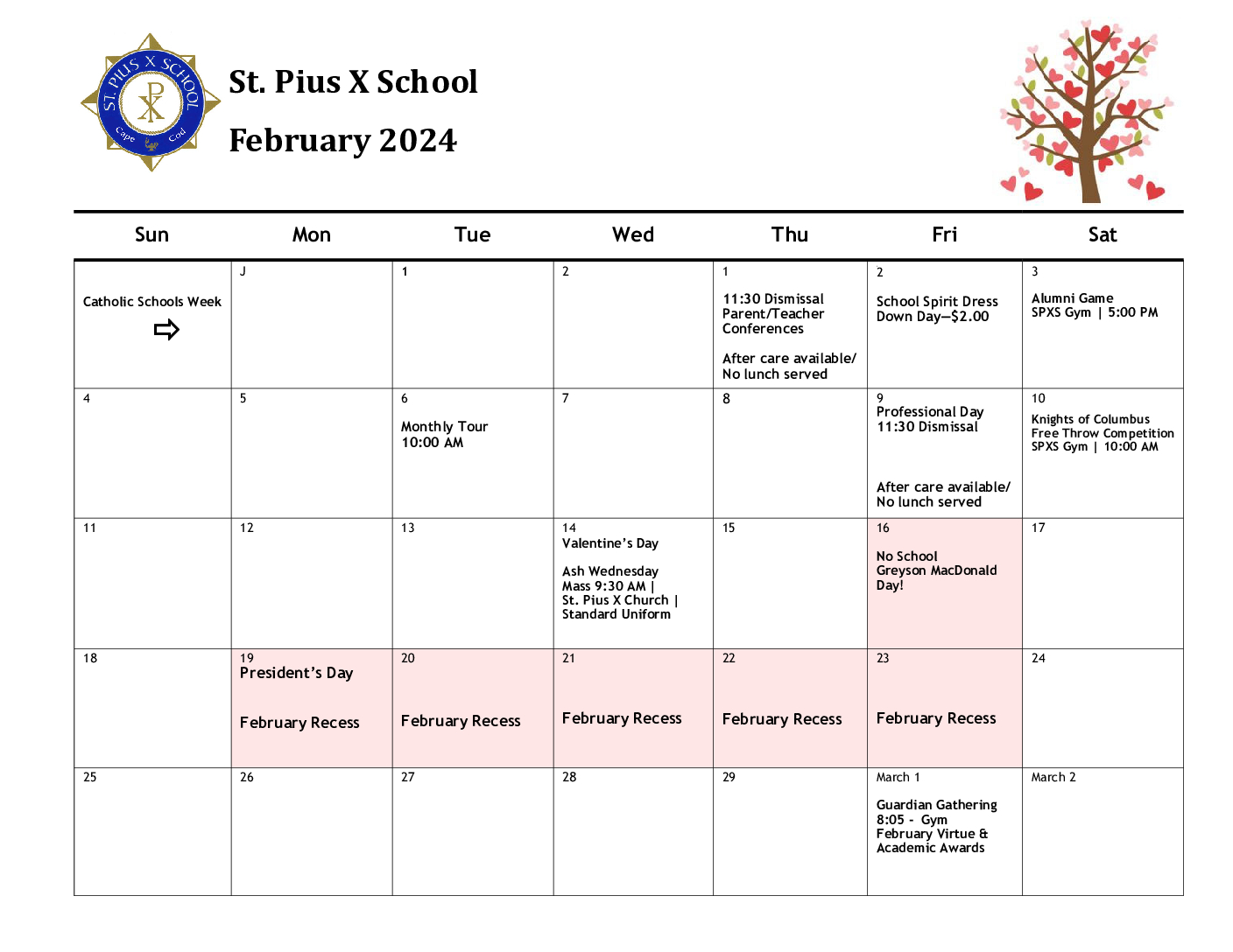 February Calendar St. Pius