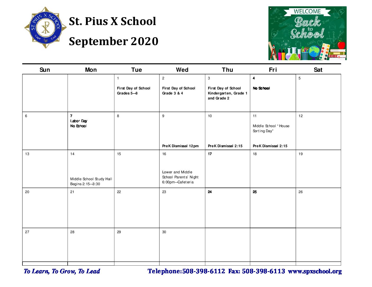 Calendar September 2020 St. Pius X School