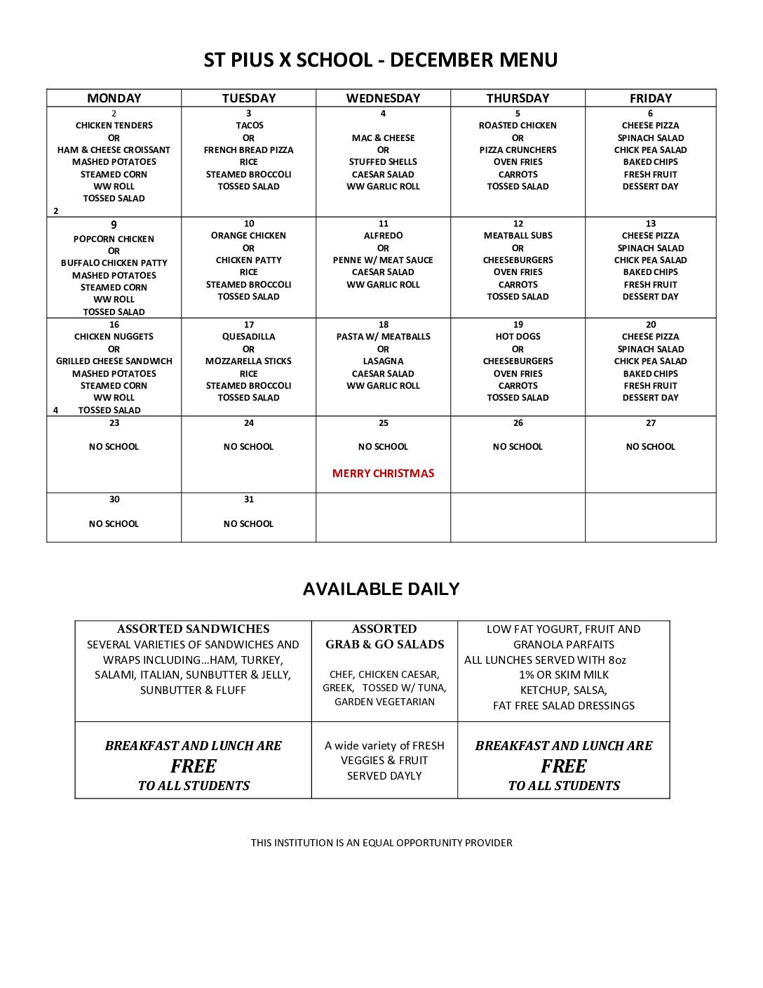 December Menu - St. Pius X School