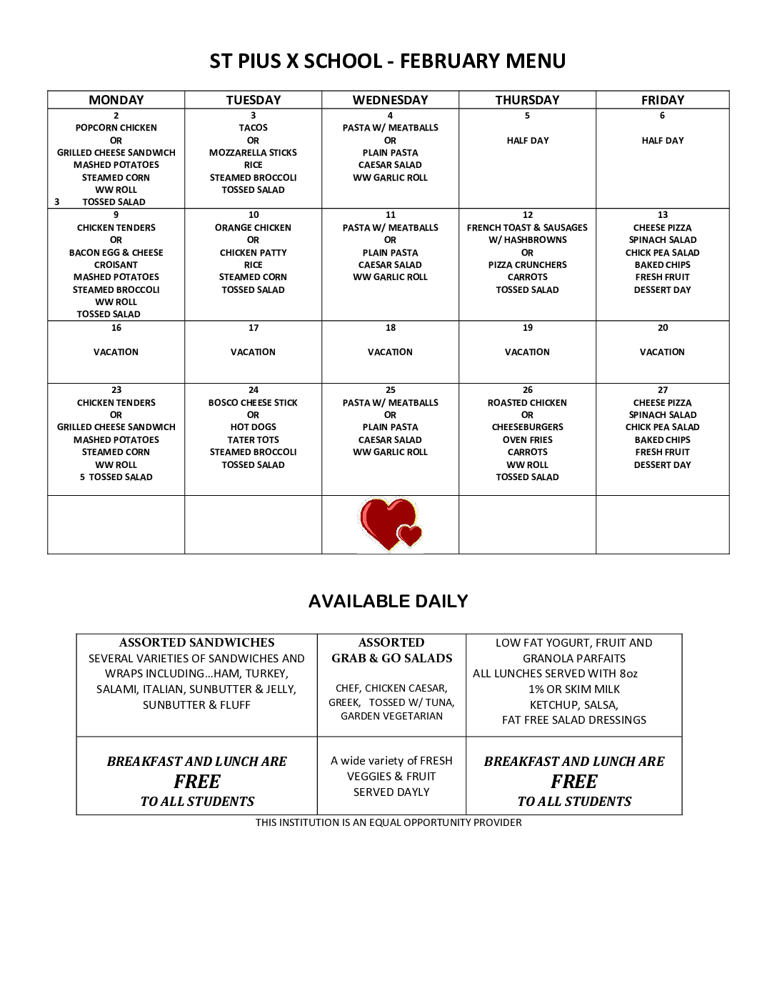February Menu - St. Pius X School